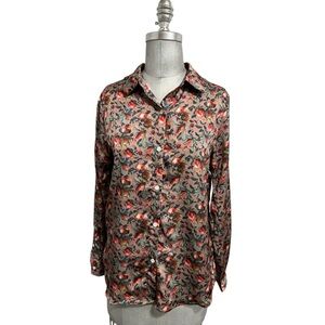 Elie Tahari Long Sleeve Floral Pomegranate Button Down Blouse Elegant Size M